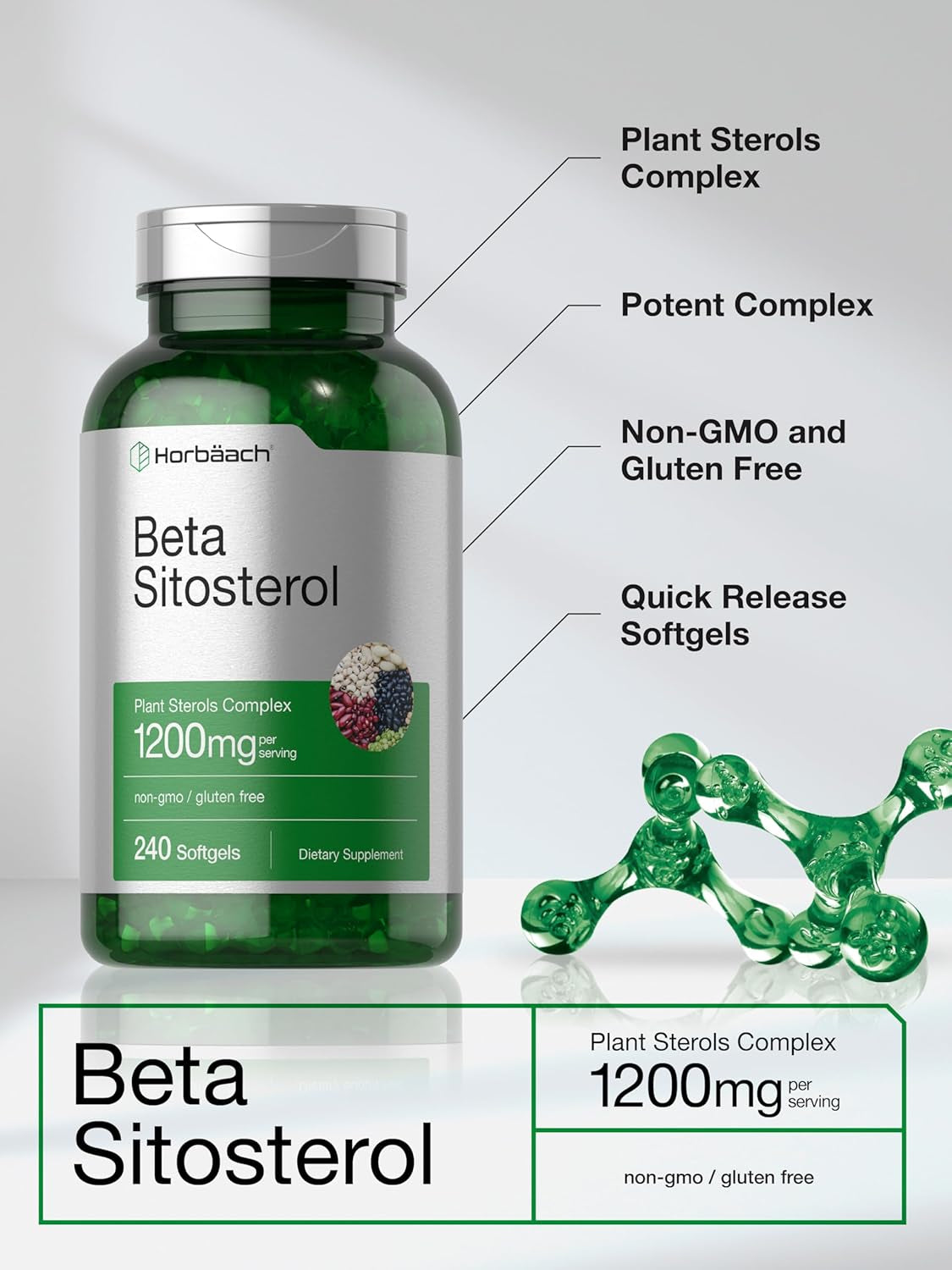 Horbäach Beta Sitosterol 1200Mg | 240 Softgel Capsules | Mega Strength | Plant Sterols Complex | Non-Gmo, Gluten Free Supplement