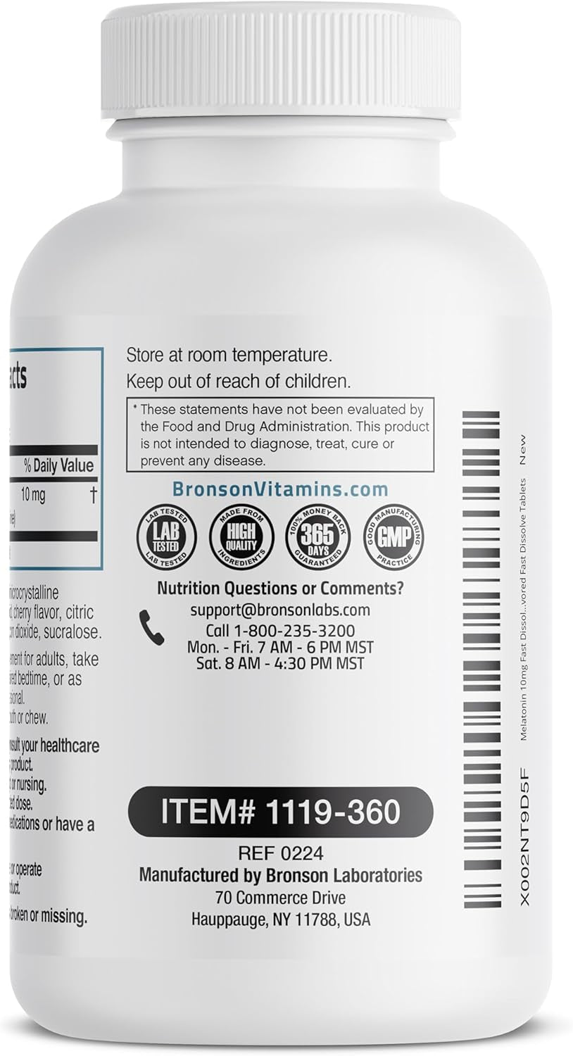 Bronson Melatonin 10Mg Fast Dissolve Cherry Flavored Tablets Vegetarian Chewable Lozenges, 360 Count
