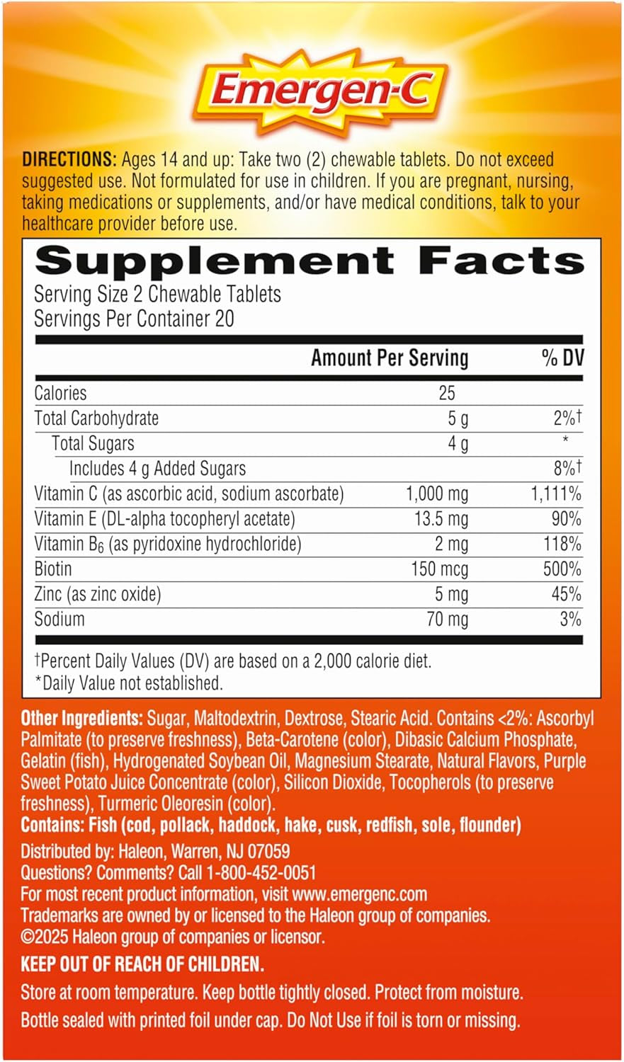 Emergen-C Chewable Vitamin C 1000Mg, with B Vitamins and Antioxidants Tablet (40 Count, Orange Blast Flavor), Dietary Supplement
