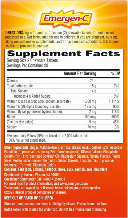 Emergen-C Chewable Vitamin C 1000Mg, with B Vitamins and Antioxidants Tablet (40 Count, Orange Blast Flavor), Dietary Supplement