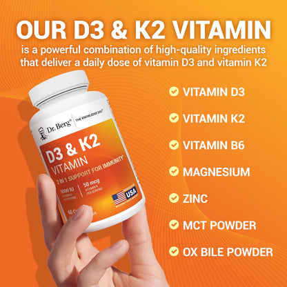 Dr. Berg Maximum Strength 2-In-1 Vitamin D3 K2 5000 IU | Naturally Derived D3 | 4X Lab-Tested & Verified | High Absorption Formula | K2 D3 Vitamin Supplement - 60 Capsules