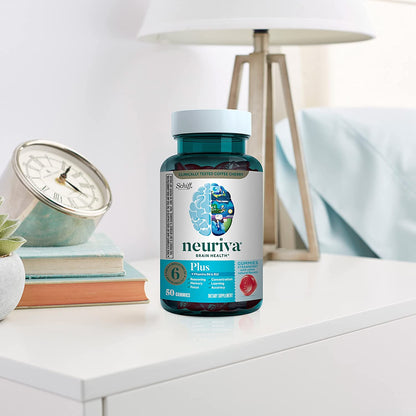 NEURIVA plus Brain Supplement for Memory,Focus & Concentration+Cognitive Function with Vitamins B6 & B12 and Clinically Tested Nootropics Phosphatidylserine and Neurofactor,50Ct Strawberry Gummies