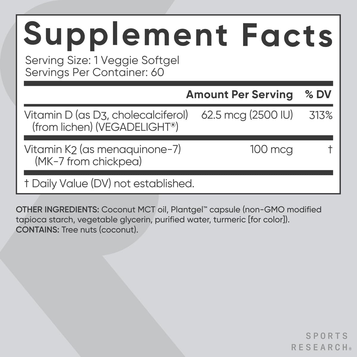Sports Research® Vitamin D3 + K2 W/Coconut Oil - Vegan Vitamin D 2500Iu & Mk7 Vitamin K 100Mcg for Bone & Immune Support - Vegan Certified · Non-Gmo · Soy Free - 60 Softgels