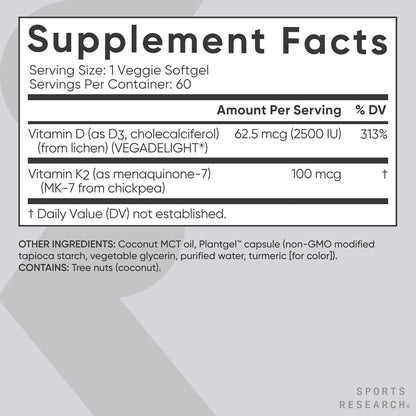 Sports Research® Vitamin D3 + K2 W/Coconut Oil - Vegan Vitamin D 2500Iu & Mk7 Vitamin K 100Mcg for Bone & Immune Support - Vegan Certified · Non-Gmo · Soy Free - 60 Softgels