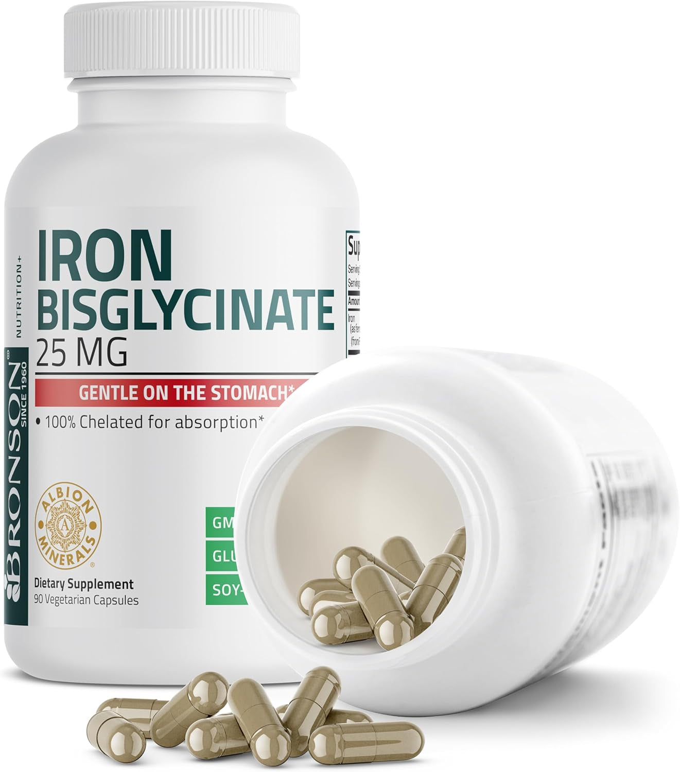 Bronson Iron Bisglycinate 25 Mg Gentle on the Stomach, Supports Energy & Healthy Red Blood Cell Production - Non-Constipating Formula - Non GMO, 90 Vegetarian Capsules