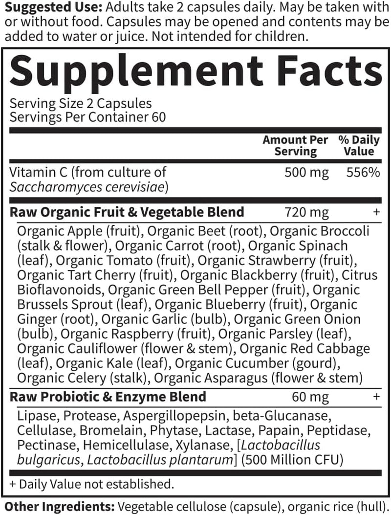 Garden of Life Vitamin Code Raw Vitamin C - 120 Capsules, 500Mg Whole Food Vitamin C Capsules + Fruit & Veggie Blend & Probiotics, Supplements for Adults, Vegan, Gluten Free