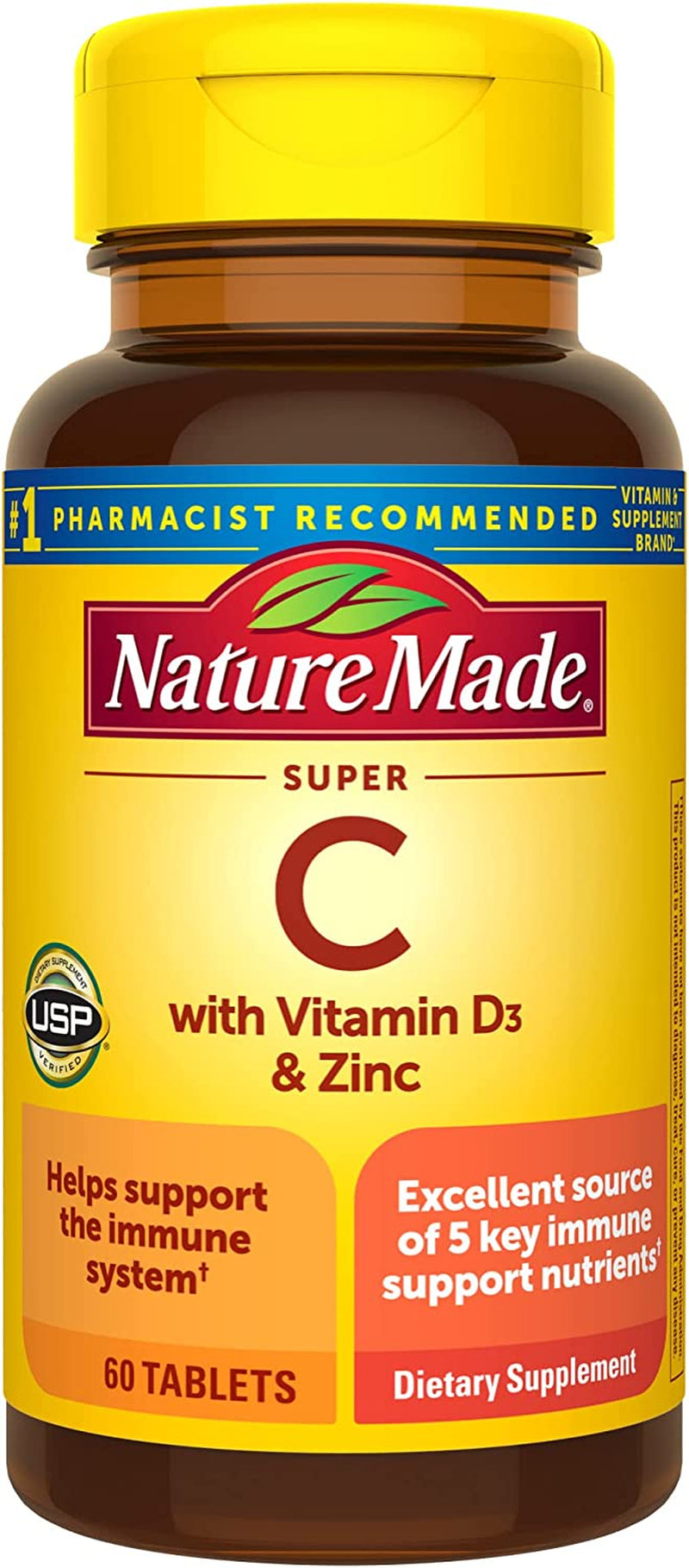 Nature Made Super C, Vitamin C and Zinc with Vitamin D3, Dietary Supplement for Immune Support, 60 Tablets, 60 Day Supply
