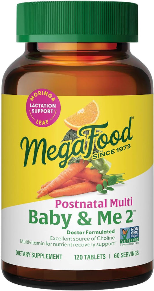 Megafood Baby & Me 2 Postnatal Vitamins for Women Breastfeeding with Folate (Folic Acid Natural Form), Choline, Iodine, Vitamin D, Moringa Leaf and More - 120 Tabs (60 Servings)