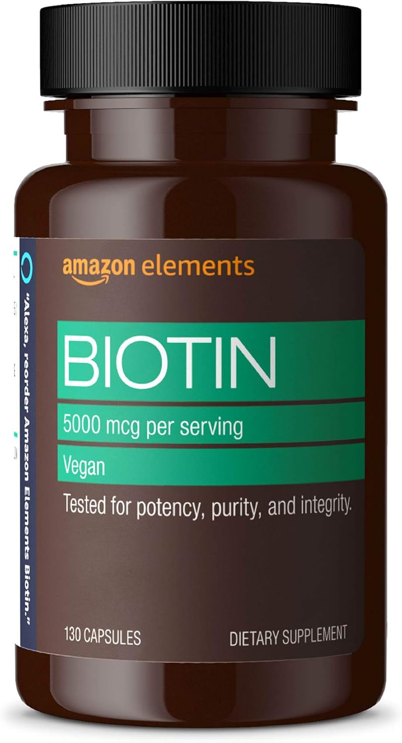Elements Vegan Biotin 5000 Mcg - Hair, Skin, Nails, 130 Capsules (4 Month Supply) (Packaging May Vary)