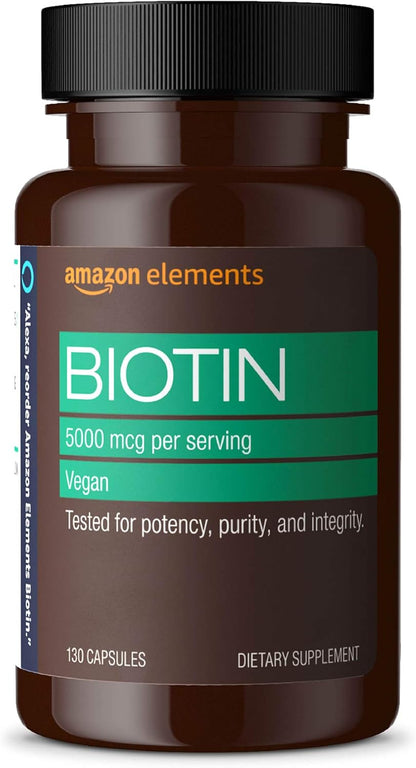 Elements Vegan Biotin 5000 Mcg - Hair, Skin, Nails, 130 Capsules (4 Month Supply) (Packaging May Vary)