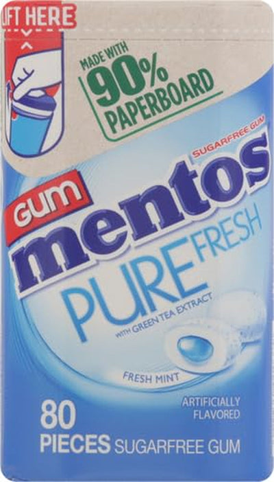 Mentos Pure Sugar-Free Chewing Gum with Xylitol, Mint, in a Recyclable 90% Paperboard Bottle, 80 Piece (Pack of 1)