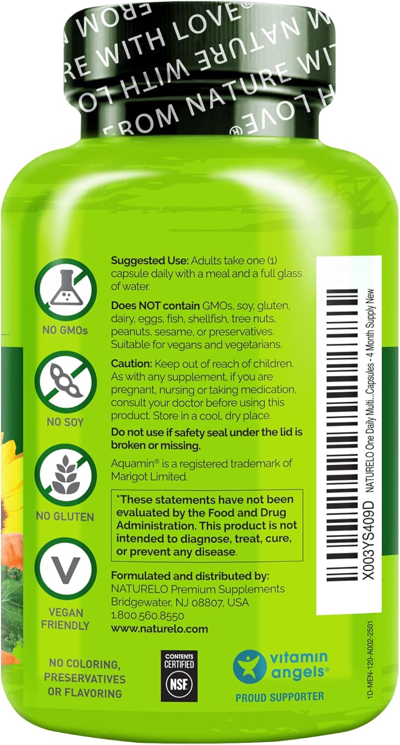 NATURELO Mens Multivitamins - One Daily Multivitamin for Men with Vitamins, Minerals & Organic Whole Foods, Boost Energy & Health, Non-Gmo, 120 Vegetarian Capsules