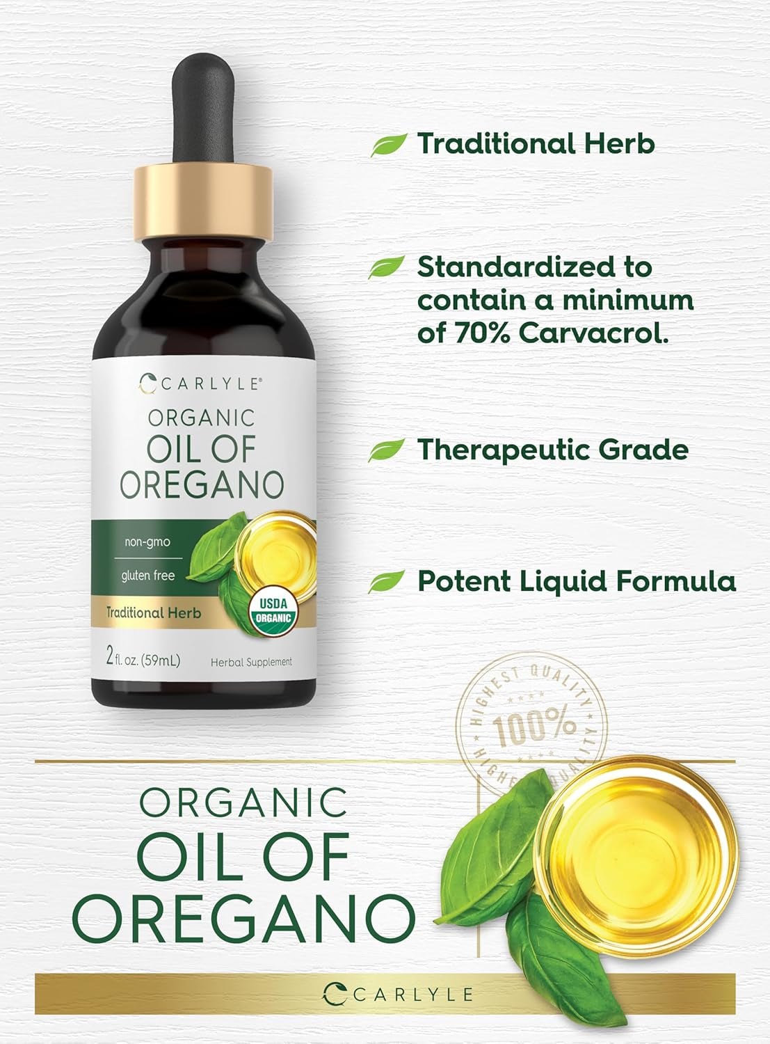 Carlyle Organic Oil of Oregano Liquid Drops | 2 Fl Oz | Vegan Herbal Supplement | Non-Gmo, Gluten Free