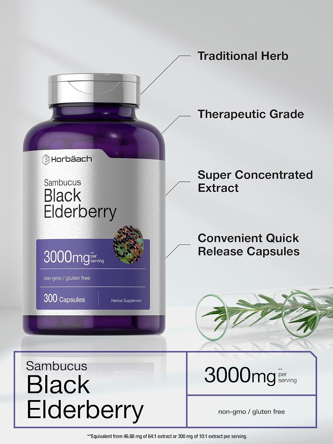 Horbäach Black Elderberry | 3000Mg Capsules | 300 Count | Non-Gmo, Gluten Free | Sambucus Supplement