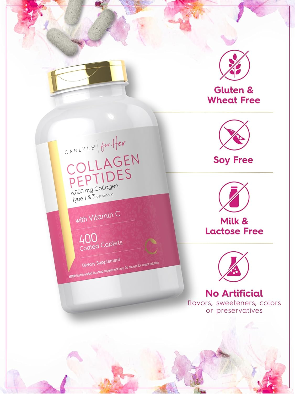 Carlyle Collagen Peptides 6000Mg | 400 Caplets | with Vitamin C | Type 1 and 3 | Non-Gmo, Gluten Free, Grass Fed Supplement