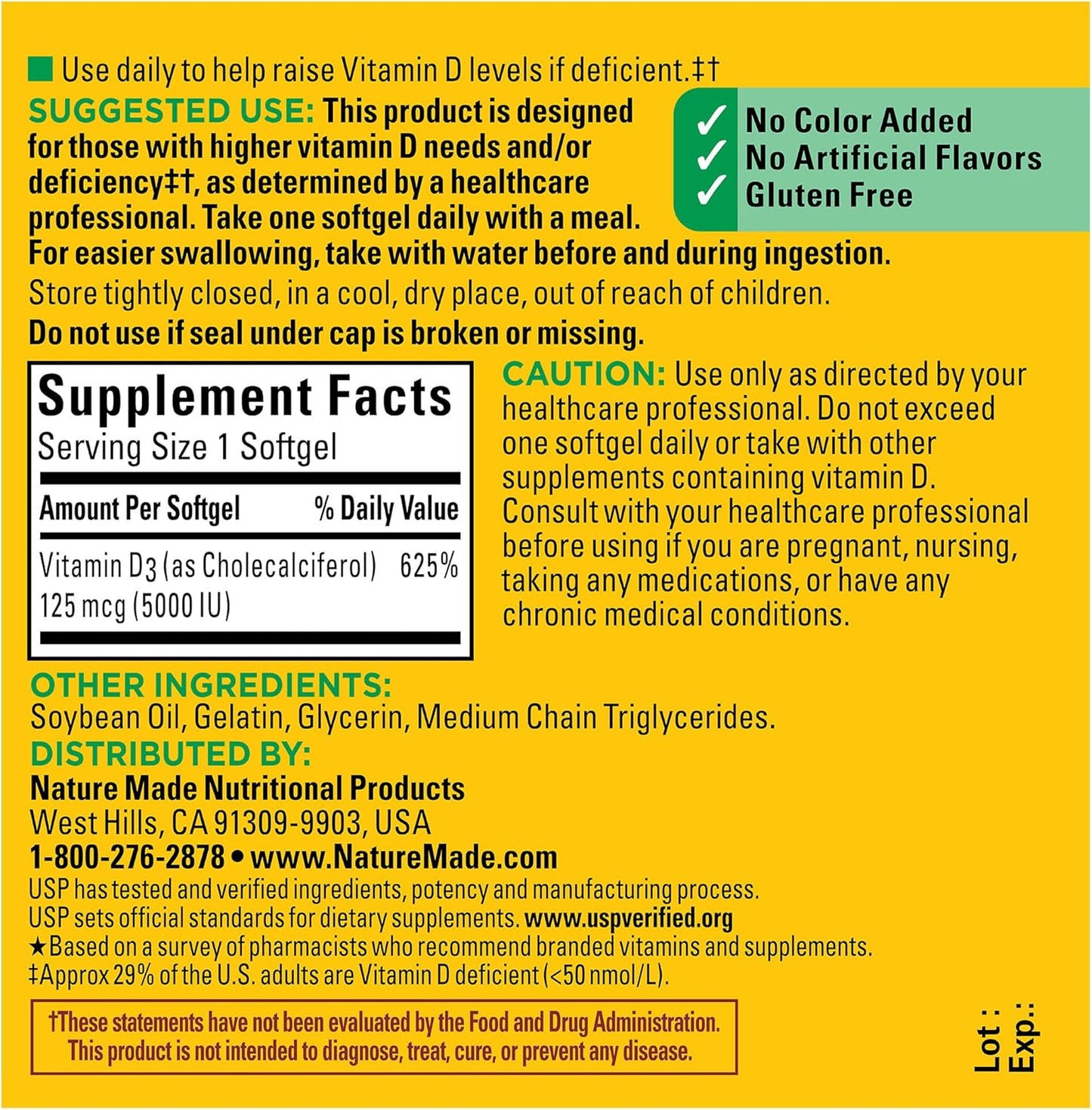 Nature Made Vitamin D3 5000 IU (125 Mcg) Softgels, Extra Strength Vitamin D Supplement for Bone and Immune Health Support, 180 Count, 180 Day Supply