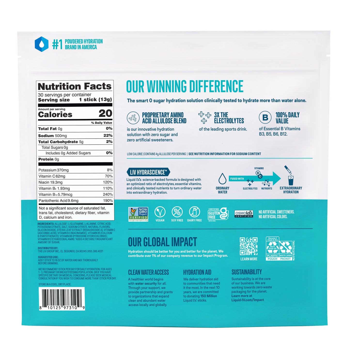 Liquid I.V. Hydration Multiplier, 30 Individual Serving Stick Packs in Resealable Pouch, Sugar Free, Rainbow Sherbet