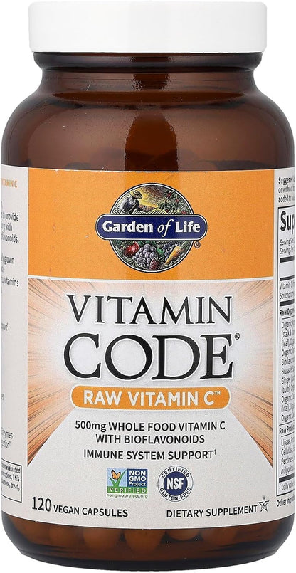 Garden of Life Vitamin Code Raw Vitamin C - 120 Capsules, 500Mg Whole Food Vitamin C Capsules + Fruit & Veggie Blend & Probiotics, Supplements for Adults, Vegan, Gluten Free