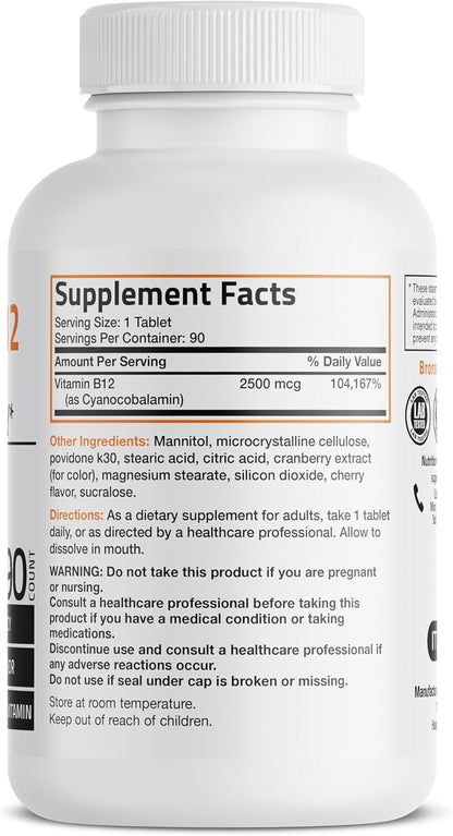 Vitamin B12 2500Mcg Shot of Energy Fast Dissolve Chewable Tablets - Quick Release Cherry Flavored Sublingual B12 Vitamin - Supports Nervous System, Healthy Brain Function Energy Production – 90 Count