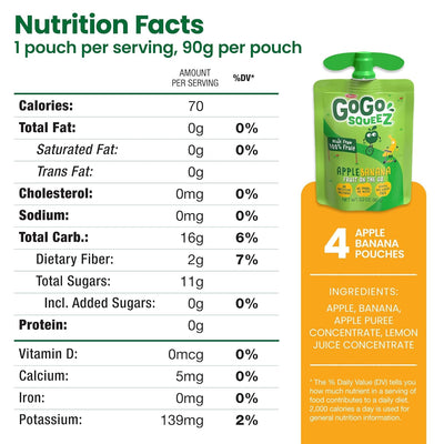 Gogo Squeez Fruit on the Go, Apple Banana, 3.2 Oz (Pack of 4), Unsweetened Fruit Snacks for Kids, Gluten Free, Nut Free and Dairy Free, Recloseable Cap, BPA Free Pouches