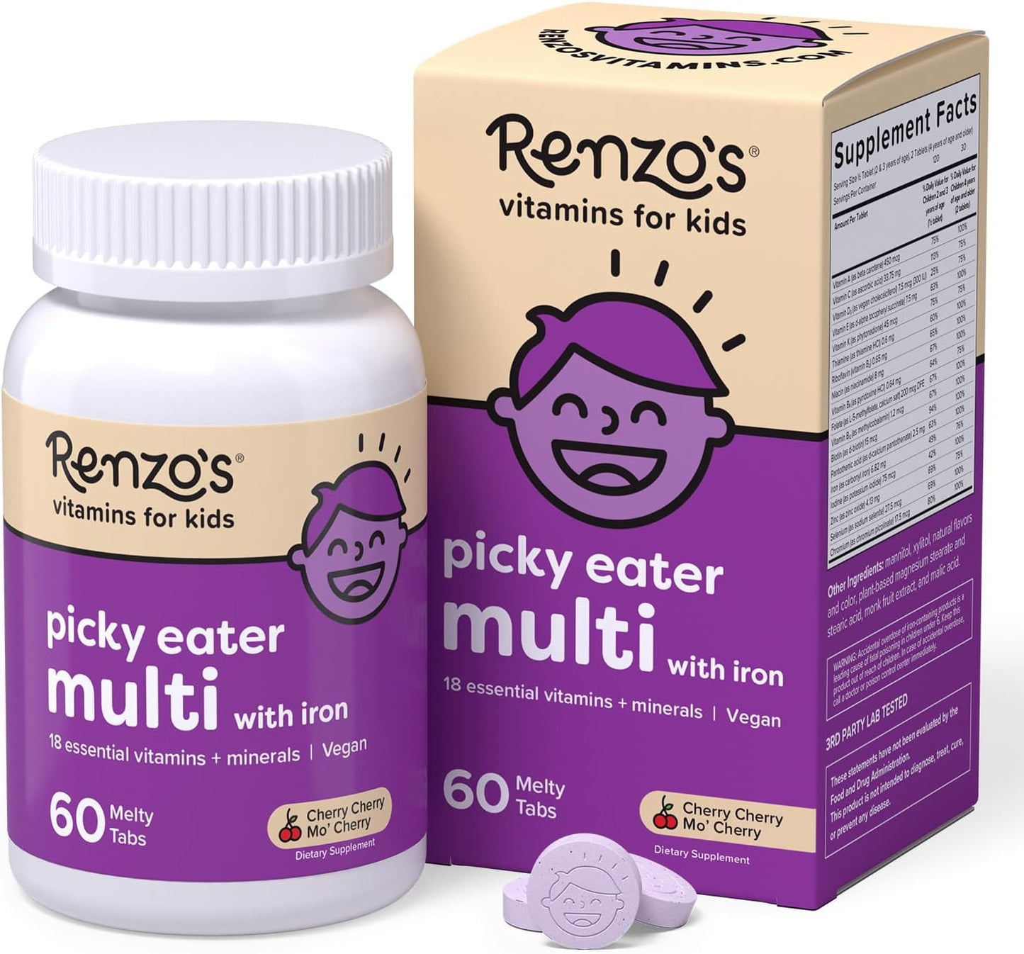 Renzo'S Picky Eater Kids Multivitamin with Iron, Dissolving Kids Vitamins with Vitamin D3 & K2 and More, 60 Sugar-Free Melty Tabs, Cherry Mo’ Cherry Flavored