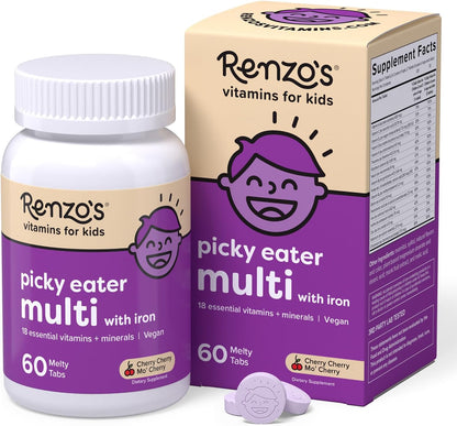 Renzo'S Picky Eater Kids Multivitamin with Iron, Dissolving Kids Vitamins with Vitamin D3 & K2 and More, 60 Sugar-Free Melty Tabs, Cherry Mo’ Cherry Flavored