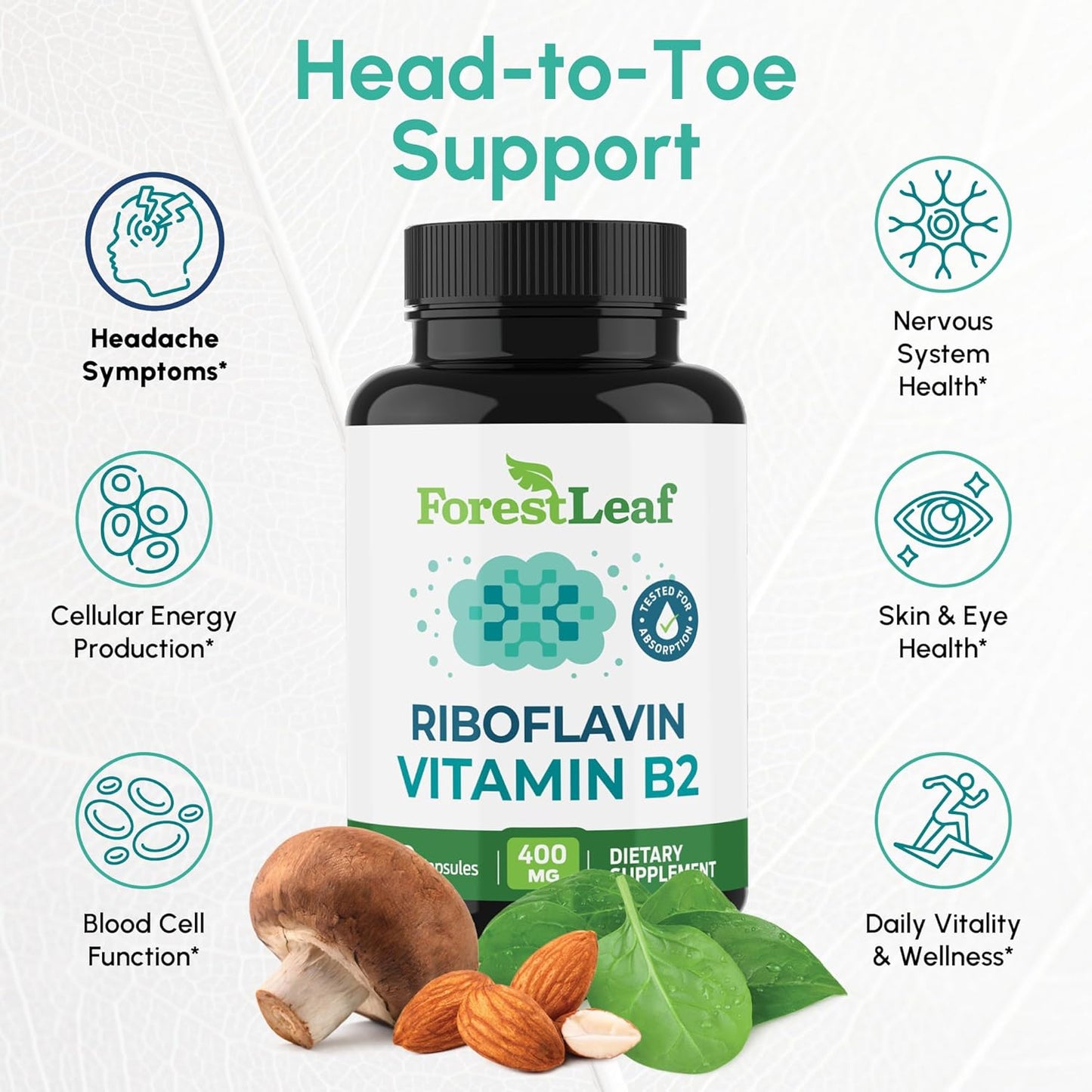 Forestleaf Vitamin B2 Riboflavin 400Mg - Energy, Skin & Cellular Health Supplement - Nervous System Support - Vitamin B 2 VIT B - Non-Gmo & Gluten Free - B2 Vitamin 400Mg Vegetable Capsules, 90 Count