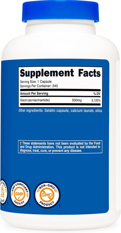 Niacinamide (Vitamin B3) 500Mg, 240 Capsules - Non-Gmo, Gluten Free, Flush Free Vitamin B3
