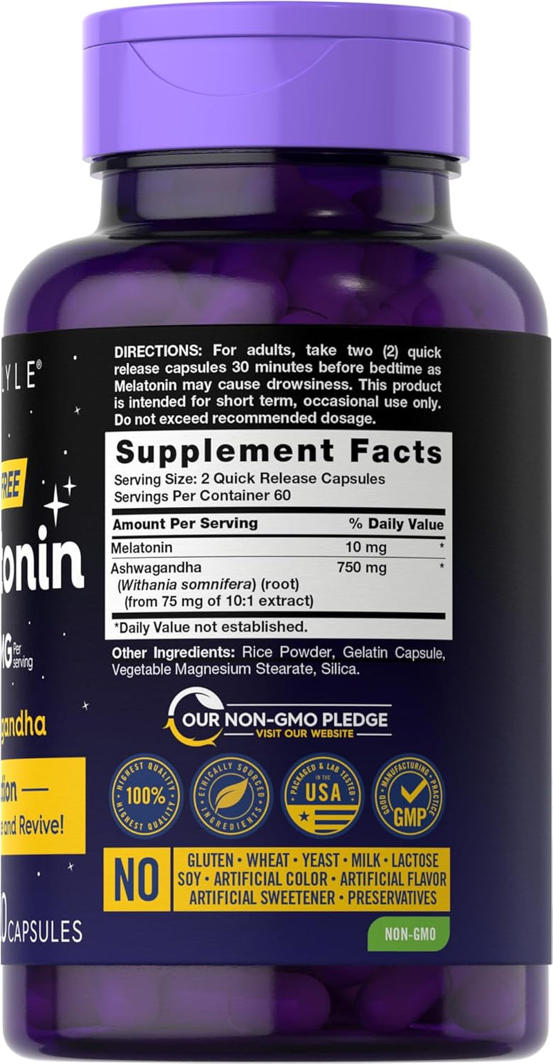 Carlyle Melatonin 10Mg | 120 Capsules | with Ashwagandha | Triple Strength Formula | Non-Gmo, Gluten Free Supplement