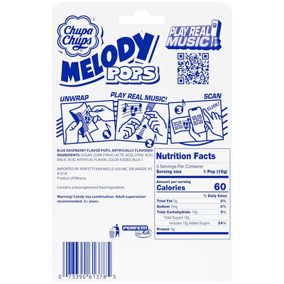 Chupa Chups Melody Pop, Blue Raspberry Flavor, Whistle Lollipops, Individually Wrapped Candy Suckers, 5 Count Pack