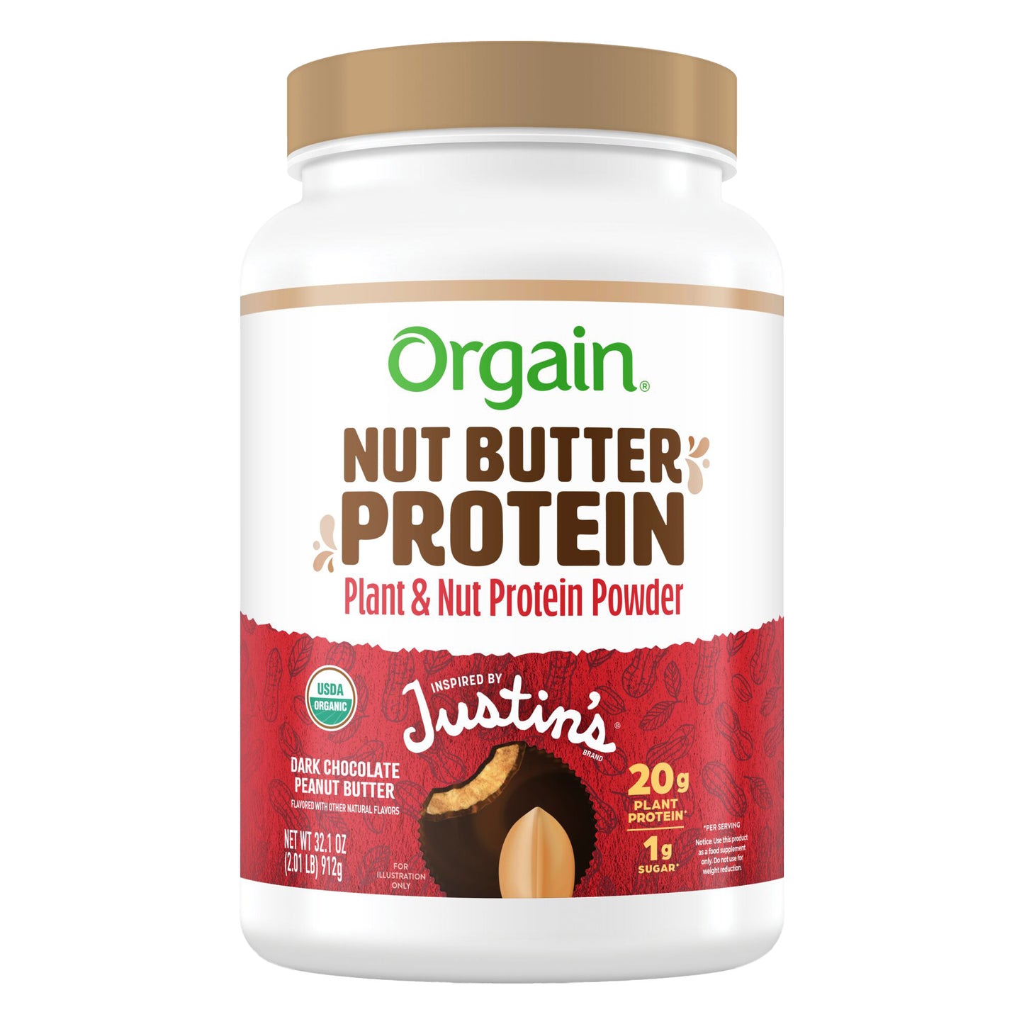 Orgain and Justin'S Nut Butter Protein Powder, Dark Chocolate Peanut Butter, 2.01Lbs