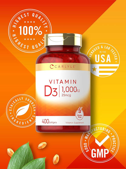Carlyle Vitamin D3 1000IU | 25 Mcg | 400 Softgels | High  | Non-Gmo & Gluten Free Supplement