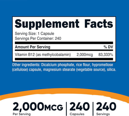 Vitamin B12 (Methylcobalamin) 2000Mcg, 240 Capsules - Vegetarian Caps, Non-Gmo, Gluten Free B12 Supplement