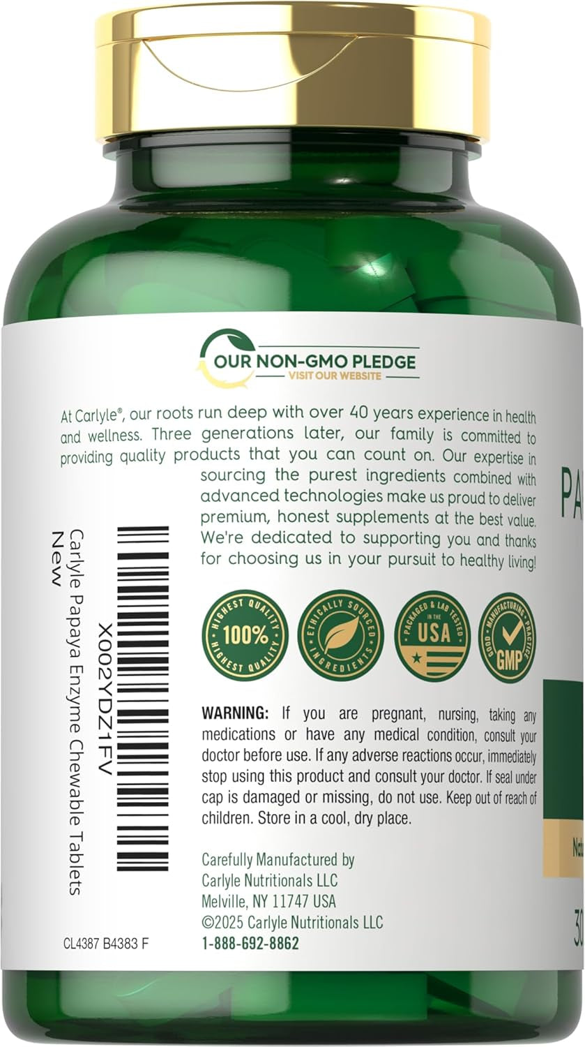 Carlyle Papaya Enzyme Chewable Tablets | Vegetarian, Non-Gmo, Gluten Free Formula | Tropical Flavor