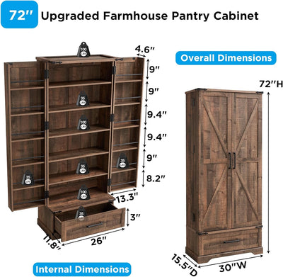 Kitchen Pantry Cabinet with Drawer 72" Tall Cabinet with 2 Barn Doors and Shelves, Rustic Brown