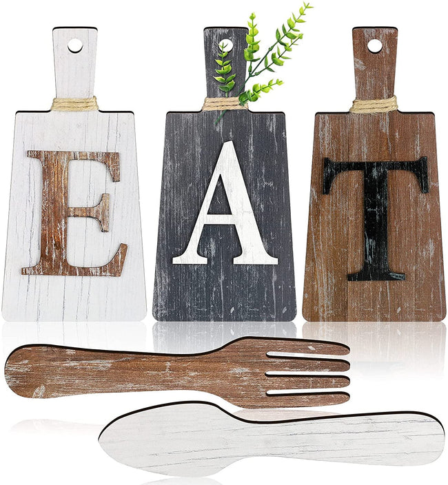 Cutting Board Eat Sign Set Hanging Art for Kitchen and Home Decoration (Gray, White, Brown)