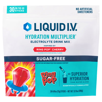 Liquid I.V. Hydration Multiplier, 30 Individual Serving Stick Packs in Resealable Pouch, Sugar Free, Ring Pop Cherry