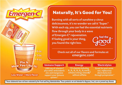 Emergen-C 1000Mg Vitamin C Powder for Daily Immune Support Caffeine Free Vitamin C Supplements with Zinc and Manganese, B Vitamins and Electrolytes, Super Orange Flavor - 60 Count/2 Month Supply