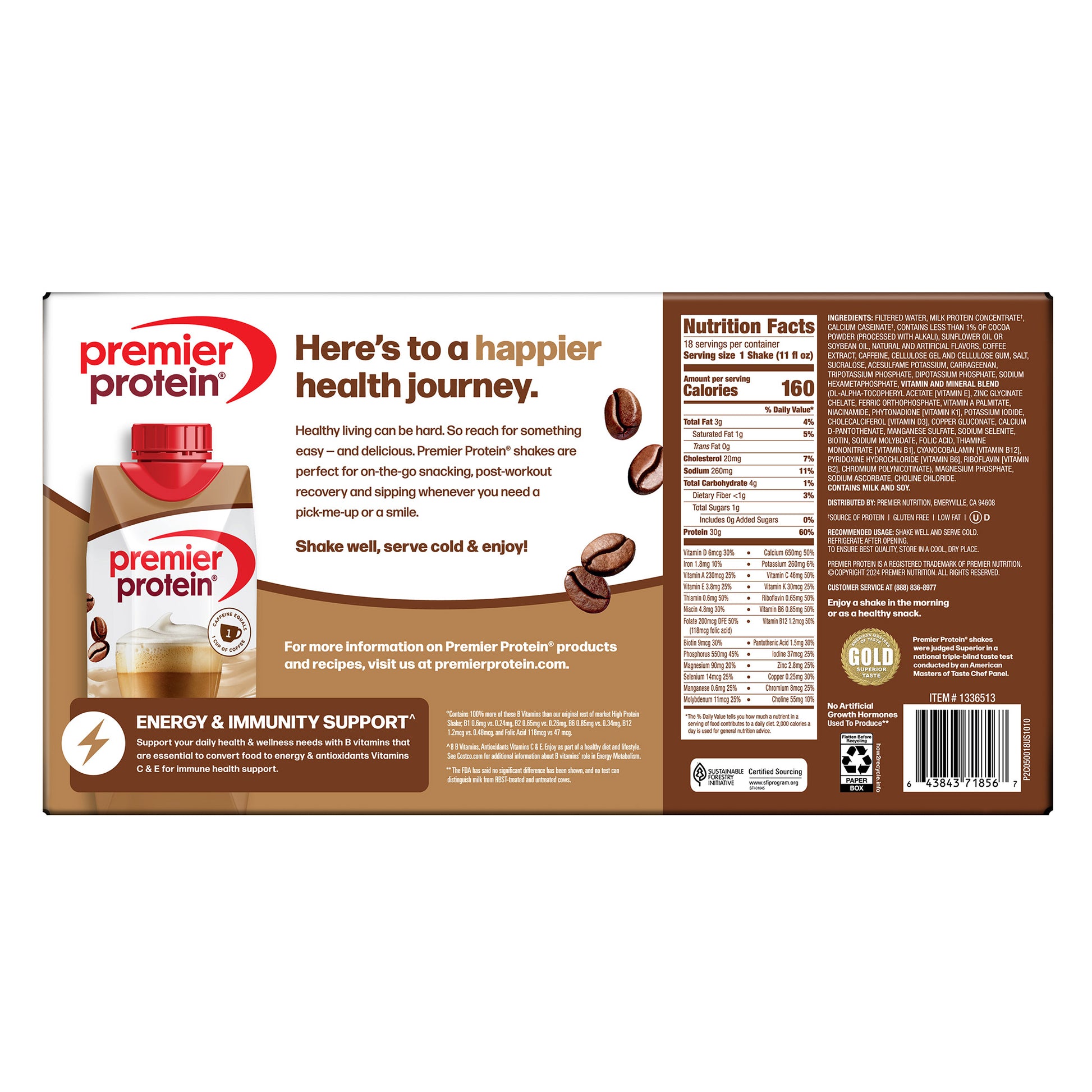 Premier 30G Protein plus Energy and Immune Support Shakes, Cafe Latte, 11 Fl Oz, 18-Pack