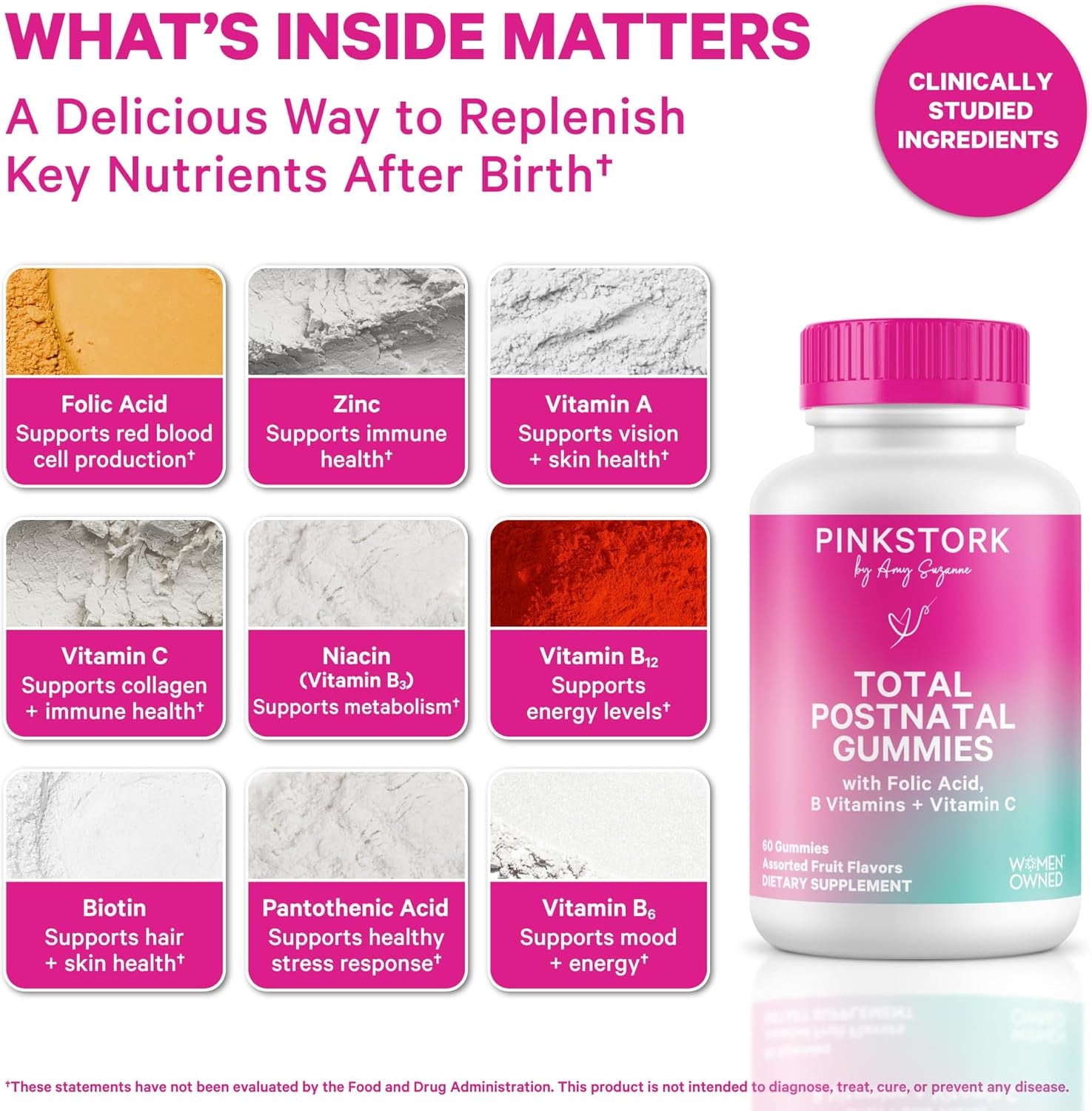 Pink Stork Total Postnatal Vitamin Gummies - Multivitamin for Postpartum Recovery and Lactation Support - Folic Acid, B6, & Vitamin C - Postpartum Essentials - 60 Gummy Vitamins