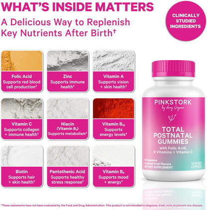 Pink Stork Total Postnatal Vitamin Gummies - Multivitamin for Postpartum Recovery and Lactation Support - Folic Acid, B6, & Vitamin C - Postpartum Essentials - 60 Gummy Vitamins