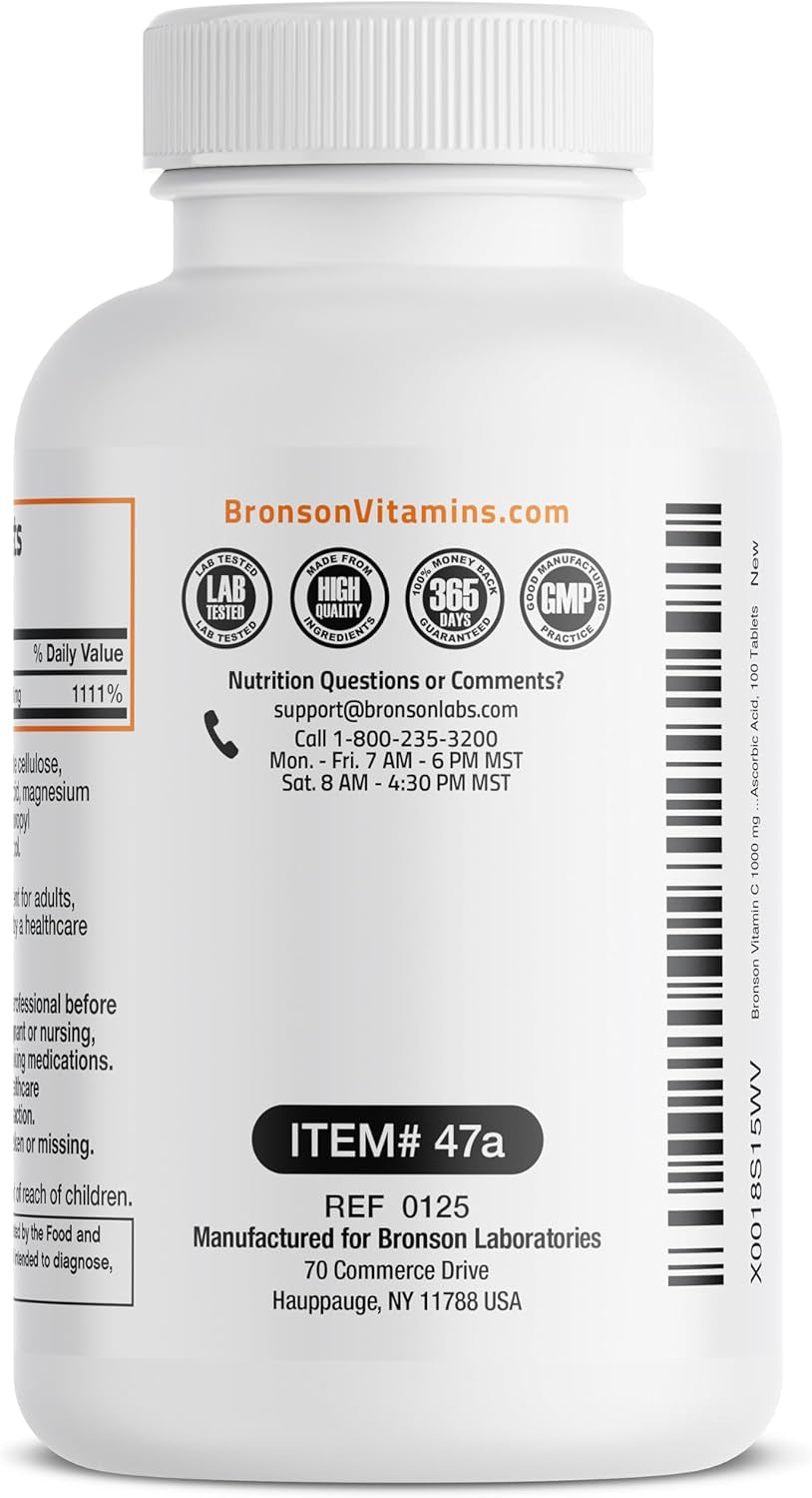 Bronson Vitamin C 1000Mg Premium Non-Gmo Ascorbic Acid Tablets, 100 Count