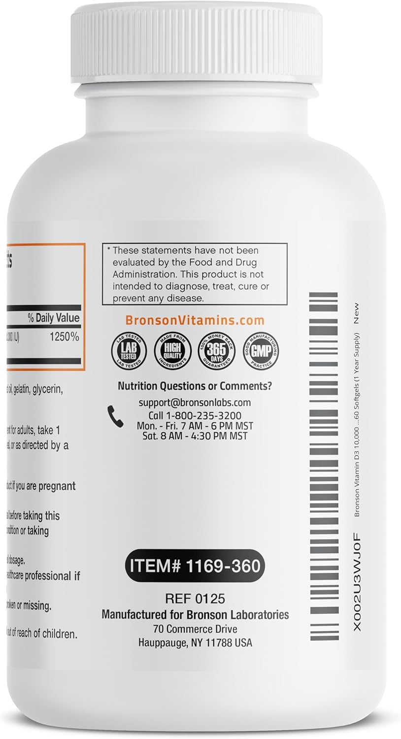 Bronson Vitamin D3 10,000 IU (250 Mcg) High  - Supports Healthy Immune System, Strong Bones, Muscles & Teeth - Non GMO, 360 Softgels (1 Year Supply)