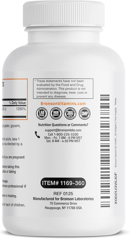 Bronson Vitamin D3 10,000 IU (250 Mcg) High  - Supports Healthy Immune System, Strong Bones, Muscles & Teeth - Non GMO, 360 Softgels (1 Year Supply)
