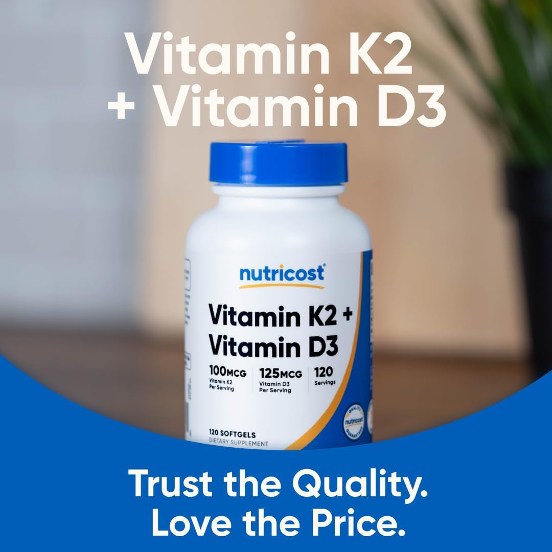 Vitamin K2 (MK7) (100Mcg) + Vitamin D3 (5000 IU) 120 Softgels - Gluten Free and Non-Gmo