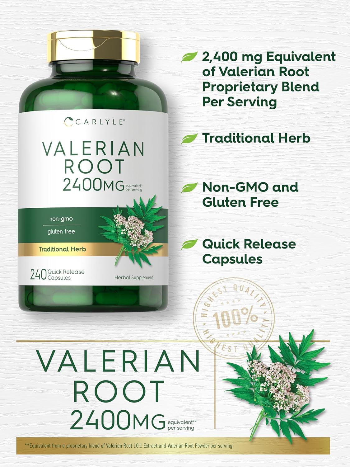 Carlyle Valerian Root Capsules 2400Mg | 240 Count | Herb Extract Supplement | Non-Gmo, Gluten Free