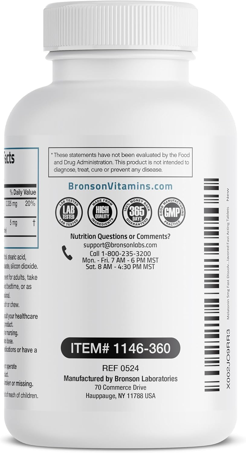 Bronson Melatonin 5Mg Fast Dissolve Peppermint Tablets with Vitamin B6 - Promotes Relaxation, 360 Vegetarian Chewable Lozenges