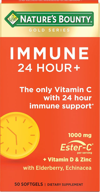 Nature'S Bounty Immune 24 Hour +, the Only Vitamin C with 24 Hour Immune Support from Ester-C, 1000 Mg Vitamin C, D & Zinc, Gluten Free, Rapid Release Softgels, 2 Softgels per Day, 50 Count