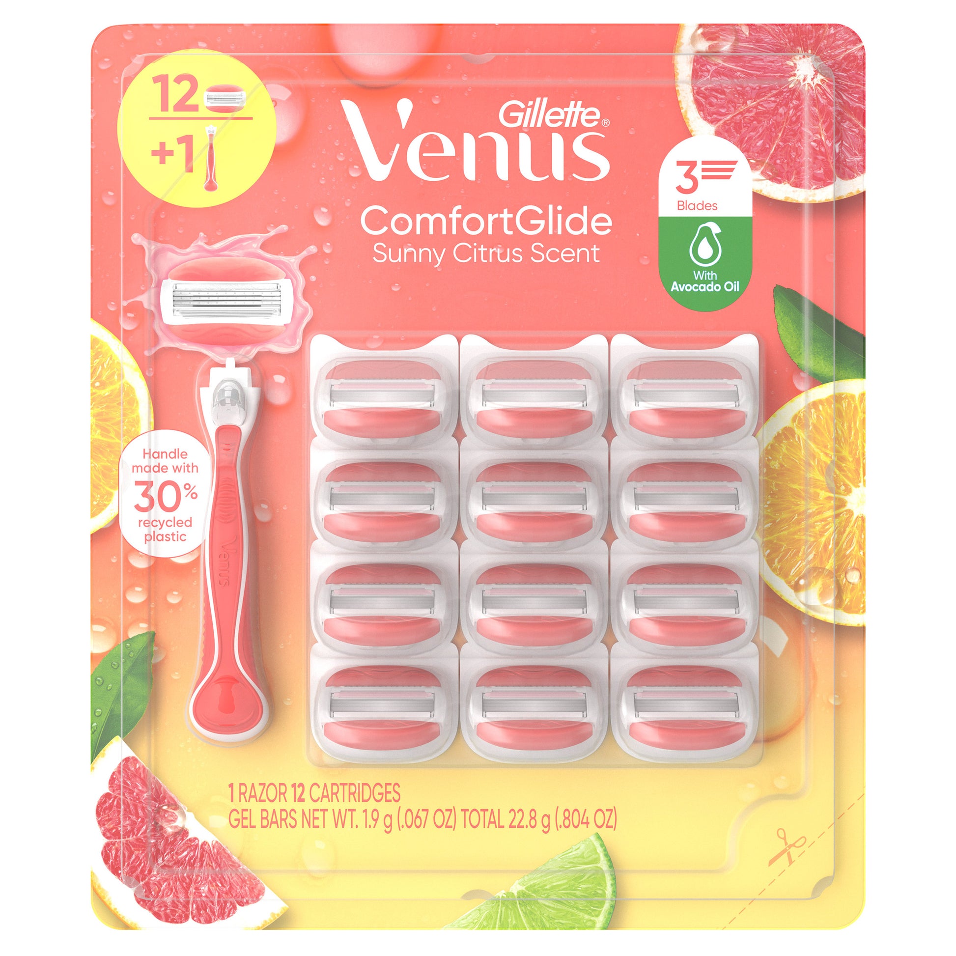 Gillette Venus Comfort Glide Sunny Citrus, 1 Razor + 12 Cartridges Gel