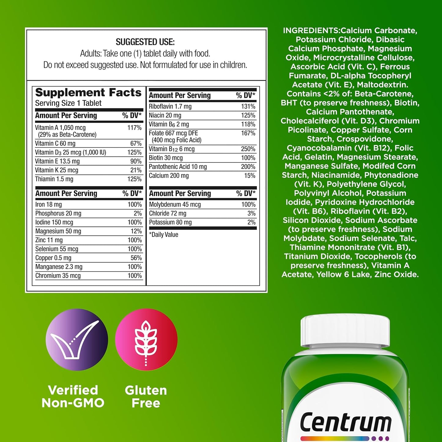 Centrum Adult Multivitamin/Multimineral Supplement with Antioxidants, Zinc, Vitamin D3 and B Vitamins, Gluten Free, Non-Gmo Ingredients - 200 Count